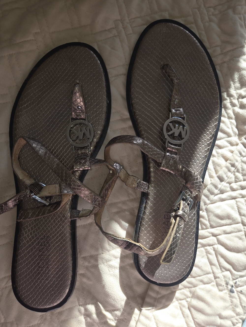 Michael Kors Metallic Rose Gold Logo Thong Sandals